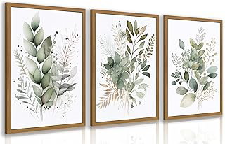 HLXRAE Neutral Sage Green Botanical Floral Wall Art, Wood Framed 12
