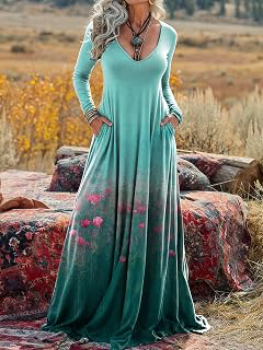 Women's Long Sleeve V‑Neck Maxi Dress, Ombre Floral Loose Dress Pockets: Ombre Dyeing and Production Notes