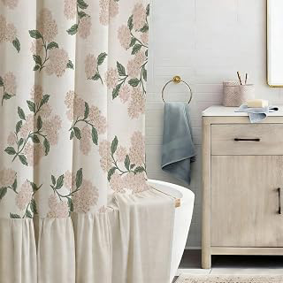 ORTIGIA Linen Textured Ruffle Shower Curtain with Metal Hooks, Vintage Light Pink Hydrangea Floral Boho Waterproof Bath Curtain for Rustic: Jacquard Weave and Production Notes
