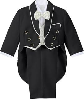 Baby Boy Classic Tuxedo Suit 5 Pcs Set Formal Dress Wear Wedding Outfit with Gold Jacquard Vest, Black/White: Jacquard Weave and Production Notes