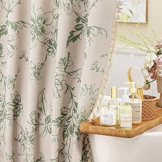 Linen Tassel Shower Curtain for Bathroom, Green Floral Pattern, 72