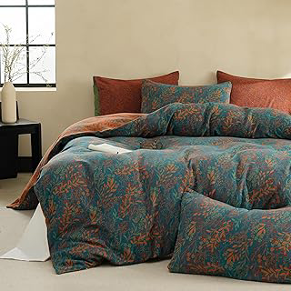 BISELINA 100% Cotton Muslin Duvet Cover Set King, 3 Pcs Yarn-Dyed Jacquard Textured Reversible Floral Design, Soft and Breathable Bedding Set: Jacquard Weave and Production Notes