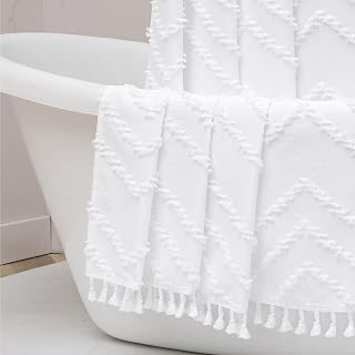 OWENIE White Fabric Boho Shower Curtain 72 x 72 Inches for Bathroom: Jacquard Weave and Production Notes