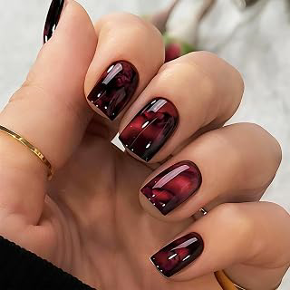 Burgundy Marble Press on Nails Leopard Cheetah Print Short Square Fake Nail: Ombre Dyeing and Production Notes
