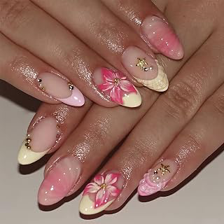 HOSAILY Pink Press on Nails Short Almond Milky Butter Yellow French Tip Pink Ombre 3D Flower Gold Starfish Rhinestone Gold Beads Beach Vacation: Ombre Dyeing and Production Notes
