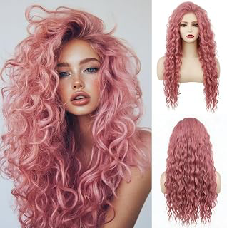 Long Pink Curly Wavy Wig for Women Natural Ombre Fluffy Synthetic Hair for Costume Cosplay Halloween Party: Ombre Dyeing and Production Notes