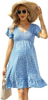 Coolmee Women's Maternity Short Sleeve Ruffle Dress V Neck Summer Casual Smocked Flowy Midi Dress for Baby Shower Photoshoot Sky Blue Floral XXL: OEM Production and Sizing Notes