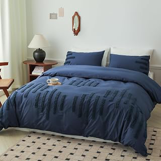 Simple&Opulence 100% Washed Cotton Tufted Duvet Cover Set Queen Size, Textured Embroidered Stripe Bedding Set, Soft Breathable Comforter Cover: Jacquard Weave and Production Notes