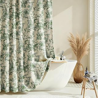 Farmhouse Sage Green Floral Shower Curtain with 12 Clear Rings 72