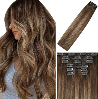 WindTouch Clip In Hair Extensions Human Hair Balayage Chocolate Brown To Dark Caramel Blonde Ombre Highlights for Brown Hair 18Inch 75g #4T27P4: Ombre Dyeing and Production Notes