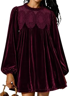 Womens A-Line Velvet Lace Overall Pleated Babydoll Mini Dress Casual Scallop Neck Flared Swing Dress: OEM Production and Sizing Notes