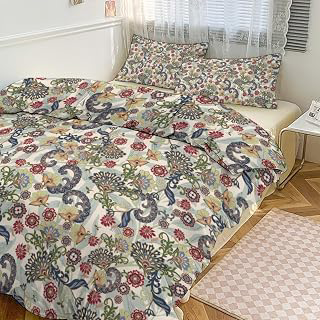 Retro William Morris Art Comforter Cover Sets 3 Piece King Size,Abstract Mid Century Boho Colorful Floral Duvet Cover Set 2 Pillowcases (No: Jacquard Weave and Production Notes