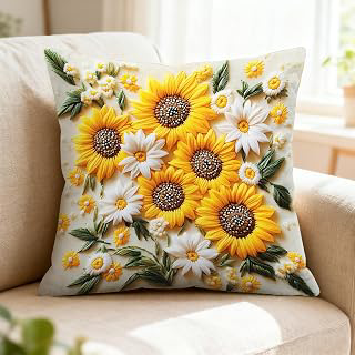 Multi-Sunflower Daisy Embroidered Throw Pillow Cover, 17.5''x17.5'' Linen Floral Pillowcase, Decorative Cushion Cover with Invisible Zipper for: Jacquard Weave and Production Notes