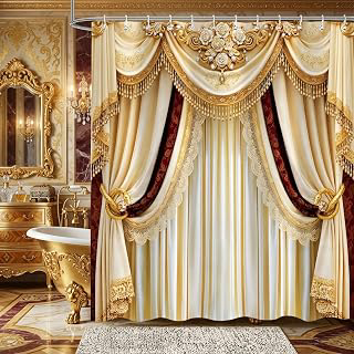 Luxury Gold Printed Shower Curtain, Vintage Golden Champagne Elegant Modern European Style Fancy Girl Shower Curtains for Bathroom Decor Art: Jacquard Weave and Production Notes