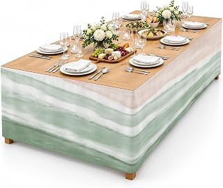 9Ft Table Skirt, Ombre Green Ocean Table Skirt for Rectangle Tables & Round Tables, Decorative Desk Skirts, Coastal Waves Beach Gradient Party: Ombre Dyeing and Production Notes