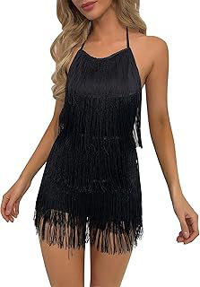 Sexy Backless Fringe Dress Jumpsuit - Womens Club Boho Tassel Tiered Halter Playsuit Festival Bodysuit Romper: Jacquard Weave and Production Notes