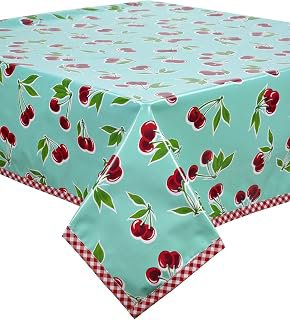 Cherry Aqua Oilcloth Tablecloth with Red Gingham 48x48 Square: Fabric Sourcing and Quality Notes