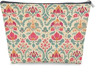Vintage Boho Damask Indian Floral Makeup Bag Canvas Zipper Pouch, Exotic Ethnic Pink and Teal Block Print Cosmetic Bag for Women Toiletry Travel: Print Design and Production Notes
