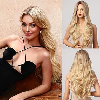 Honygebia Blonde Middle Part Wig - Long Wavy Ombre Blond Wigs with Dark Roots for Women, Curly Synthetic Heat Resistant Hair, Natural Looking: Ombre Dyeing and Production Notes