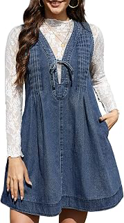 Women's Denim Mini Dress V Neck Sleeveless Pleated Flowy Overall Dress Casual Loose Fit Jean Dress Tie Front: OEM Production and Sizing Notes