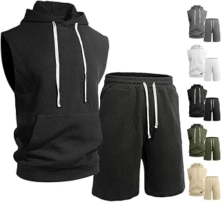 Men's Summer 2 Piece Casual Sportswear Drawstring Hooded Sleeveless Jacquard Knit Hooded Vest and Shorts Set with Pockets: Jacquard Weave and Production Notes