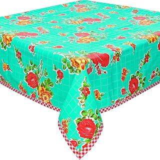 Rose and Grid Aqua Oilcloth Tablecloths with Red Gingham Trim (48x72): Fabric Sourcing and Quality Notes