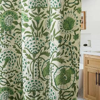 Linen Textured Ruffle Shower Curtain - Green Vintage Floral Block Print, Boho Cottagecore Farmhouse French Country Bathroom Decor Set, 72x72: Jacquard Weave and Production Notes