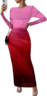 Women Long Sleeve Maxi Dress Bodycon Ruched Formal Slim Fit Tie Dye Dress Formal Mesh Dress: Ombre Dyeing and Production Notes