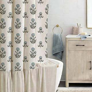 ORTIGIA Linen Textured Ruffle Shower Curtain with Metal Hooks, Vintage Blue Floral Block Print Boho Waterproof Bath Curtain for Rustic Farmhouse: Print Design and Production Notes