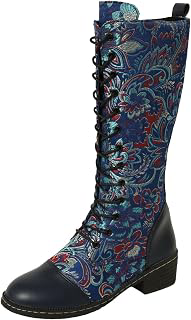 Women's Knee High Boots Embroidered Lace Up Block Heel Tall Booties: Jacquard Weave and Production Notes