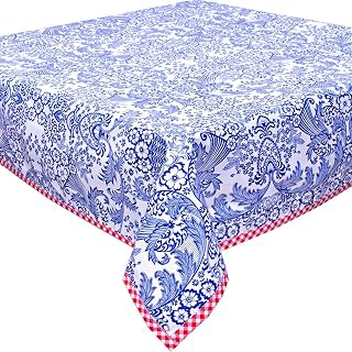 Toile Navy Blue Oilcloth Tablecloths with Red Gingham Trim (48x48 Square): Fabric Sourcing and Quality Notes