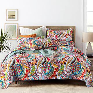 Qucover Queen Size Quilt Bedding Set, 100% Cotton Boho Quilted Bedspread Set, Vibrant Colorful Paisley Pattern Bed Coverlet with 2 Pillow Shams: Jacquard Weave and Production Notes