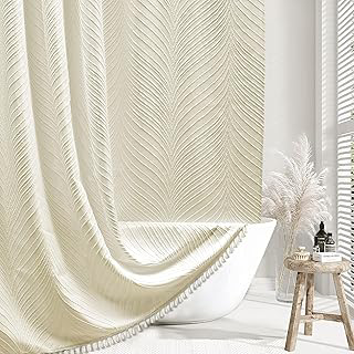 Siiluminisoy Beige Boho Woven Fabric Shower Curtain, 72 x 72 Tufted Leaves Textured Striped Modern Farmhouse Minimalist Cloth Curtain for: Jacquard Weave and Production Notes