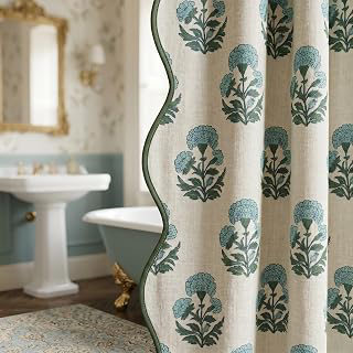 Boomkin Block Print Scalloped Shower Curtain Set with 12 Hooks: Print Design and Production Notes