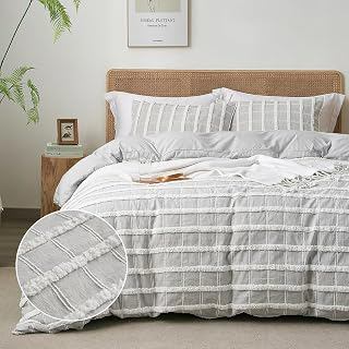 Tufted Boho Grey Stripe Queen Duvet Cover with 2 Pillow Shams, No Comforter: Jacquard Weave and Production Notes
