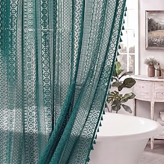 Teal Boho Lace Shower Curtain Crochet Bathroom Curtain with 12 Hook: Jacquard Weave and Production Notes