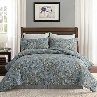 100% Cotton Duvet Cover Queen Size Blue Boho Paisley Pattern Duvet Cover Sets with Zipper Closure 3 Pcs Soft & Breathable Luxury Bedding Sets: Jacquard Weave and Production Notes
