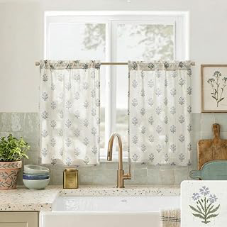 Lino Rosa Farmhouse Kitchen Curtains 36 Inch Length,Spring Floral Blue Green Modern Vintage Block Print Linen Cafe RV Curtains for Camper Windows: Print Design and Production Notes