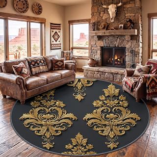 Non-Slip Baroque Pattern Jacquard Gold Damask Round Rug 8 ft Traditional Carpet, Stain Resistant Low-Pile Washable Circle Rug 240 cm Carpet for: Jacquard Weave and Production Notes