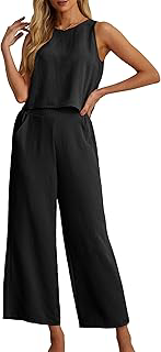 Women's Summer 2 Piece Outfits Set Round neck Sleeveless Tank Crop Top Wide Leg pants Set Pockets Jumpsuits: OEM Production and Sizing Notes