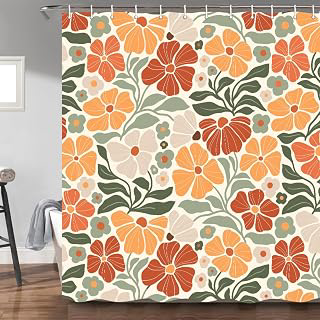 Orange Boho Flower Shower Curtain Cute Colorful Sage Linen Abstract Shower Curtain Set Retro Floral Plants Spring Funky Wildflower Fabric Cloth: Jacquard Weave and Production Notes