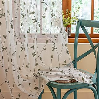 AmHoo 2 Panels Embroidered Leaf Pattern Semi Sheer Curtains Foliage Floral Voile Window Draperies Treatment for Bedroom Living Room Rod Pocket: Print Design and Production Notes