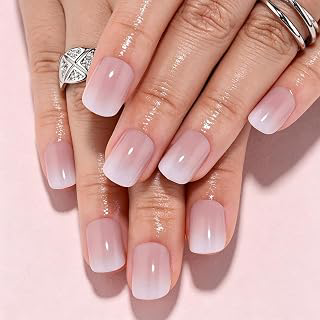 evpct Nude to White Ombre Press on Nails Short Squoval for Women: Ombre Dyeing and Production Notes