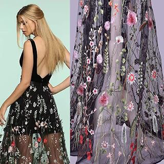 Black Lace Fabric, Exquisite Colorful Floral Flower Embroidered Sewing Lace Fabric, Length 71