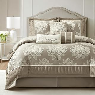 LANCO MODERN LIFESTYLE Beige King Size Comforter Set 7 Pieces, Jacquard Woven with Damask, Bedding Set in a Bag Includes Comforter, Bed Skirt: Jacquard Weave and Production Notes