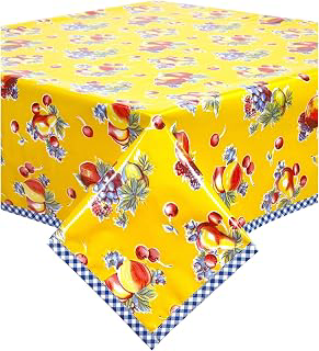 Retro Yellow Oilcloth Tablecloths with Navy Blue Gingham Trim (48x48 Square): Fabric Sourcing and Quality Notes