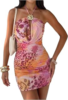 Women's Leopard Halter Bodycon Mini Dress Floral Draped Sexy Dress: Ombre Dyeing and Production Notes