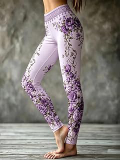 Women's Floral Leggings Purple Rose Print High Waisted Stretchy Yoga Pants Casual Slim Fit Workout Leggings: Print Design and Production Notes