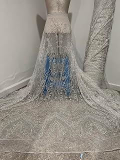 Luxury Beaded Sequin Lace Fabric, Silver White, Tulle Mesh, Bridal Wedding Gown, Embroidered Rhinestone Pearl Design 54