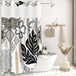 Boho Floral Shower Curtain and Liner, Vintage Abstract Geometric Flower Bathroom Curtains Decor, Hotel Style Waterproof Fabric Shower Curtain: Jacquard Weave and Production Notes